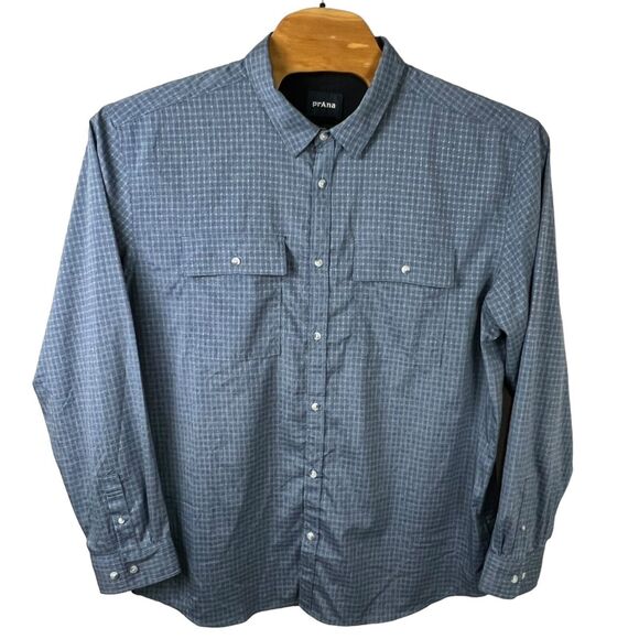 Prana Mens Blue Check Polyester Long Sleeve Vented Button Up Shirt XXL - Picture 2 of 5